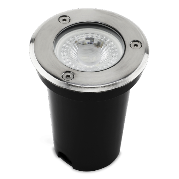 Bala de piso LED empotrable Ecolite con cubierta de acero inoxidable, para utilizar con bombillo GU10, ideal para iluminación de exteriores. Ecolite sas