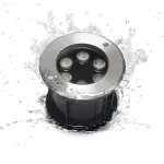 Proyector LED RGB sumergible Ecolite de acero inoxidable, resistente al agua, ideal para iluminación de fuentes y piscinas. Ecolite sas