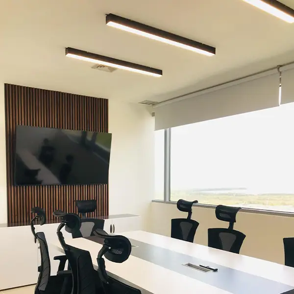 Luminaria lineal LED negra, ideal para iluminación interior y exterior, proporcionando una luz uniforme y eficiente Ecolite sas