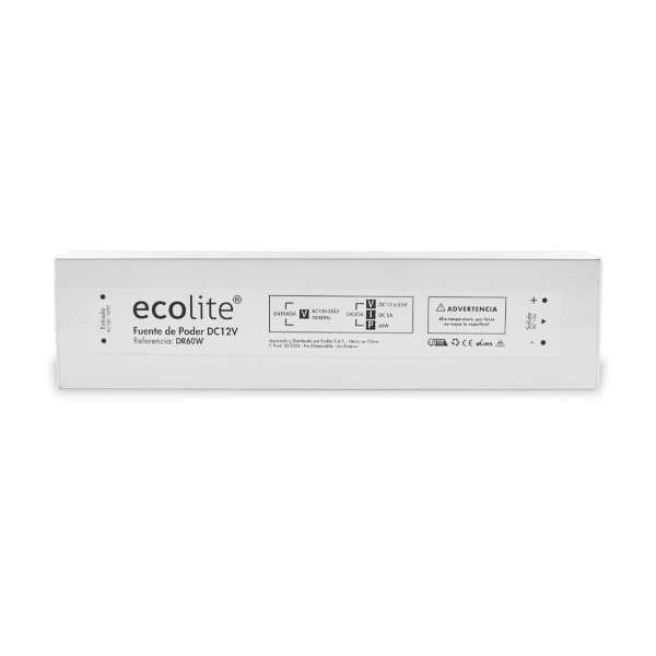 Fuente de alimentación DR60W Ecolite de 12V DC, diseñada para alimentar luces sumergibles LED, con protección IP65 para uso en ambientes húmedos y carcasa metálica resistente.