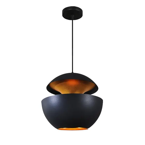 Luminaria colgante moderna con diseño CHL07 Luminaria colgante moderna con diseño en capas redonda, ideal para iluminación decorativa en interiores, con acabado en negro mate y detalles dorados en su interior ecolite sas